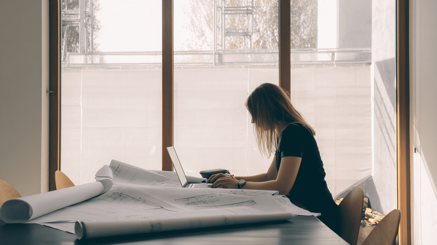 Inwestor przy biurku z planami architektonicznymi sprawdza Prawo budowlane w ISAP na laptopie.