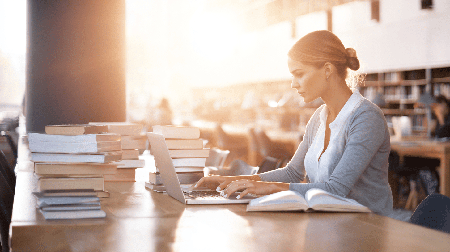Kobieta realizująca studia podyplomowe dla psychologa szkolnego podczas nauki w bibliotece.