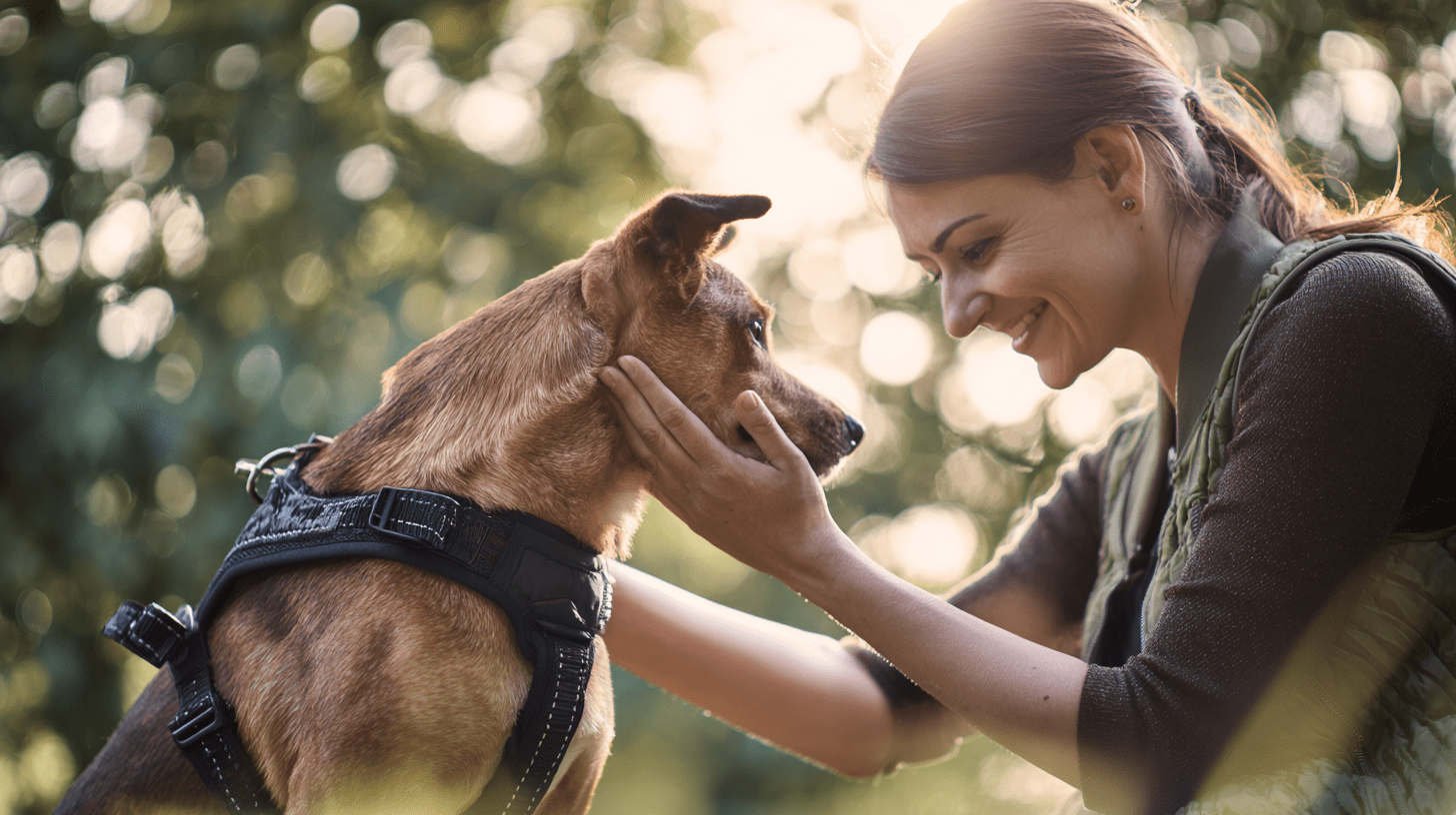 Szczęśliwa kobieta głaszcze adoptowanego kundelka na spacerze, ilustrując temat schronisko w Gaju psy do adopcji.