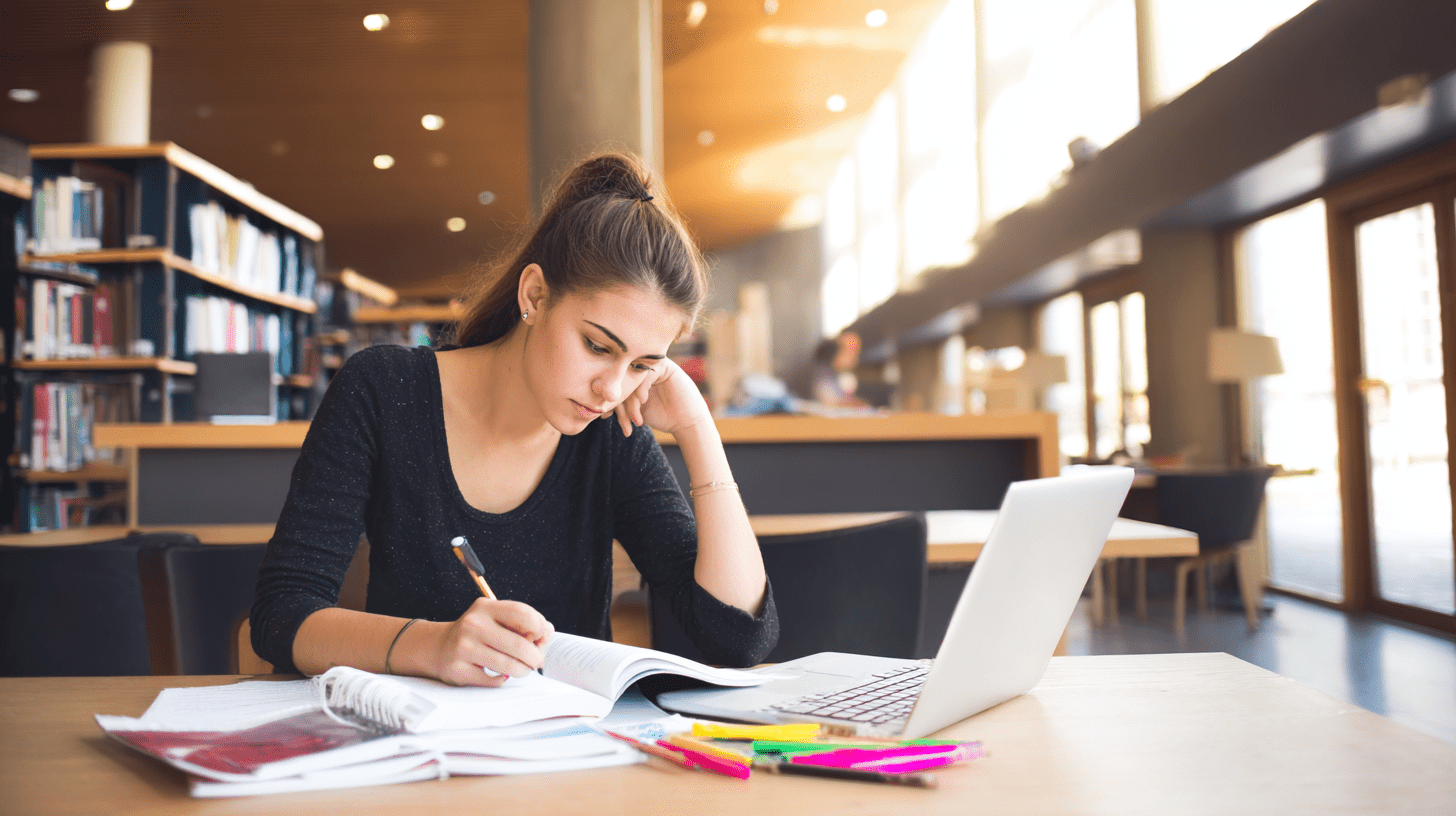 Studentka ucząca się w bibliotece uniwersyteckiej, przygotowująca się do zajęć na kierunku studia pedagogika przedszkolna i wczesnoszkolna.