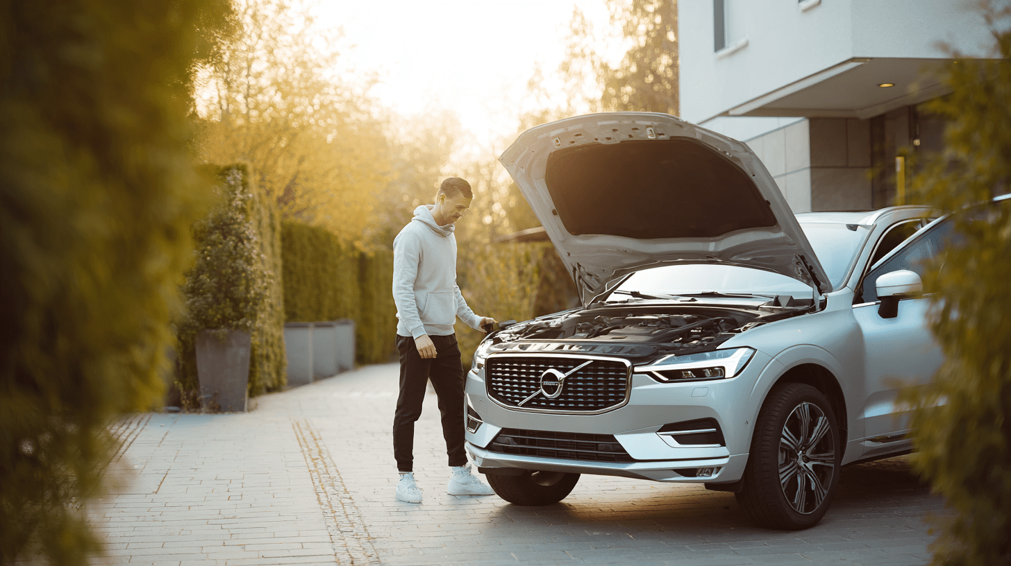 Mężczyzna sprawdzający stan silnika pod maską srebrnego SUV-a, nawiązanie do opinii o Volvo XC60 2.4 diesel.