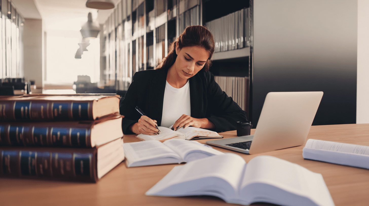 Student analizujący materiały edukacyjne i podręczniki przy biurku, symbolizujący naukę, jaką oferuje wyższa szkoła prawa.