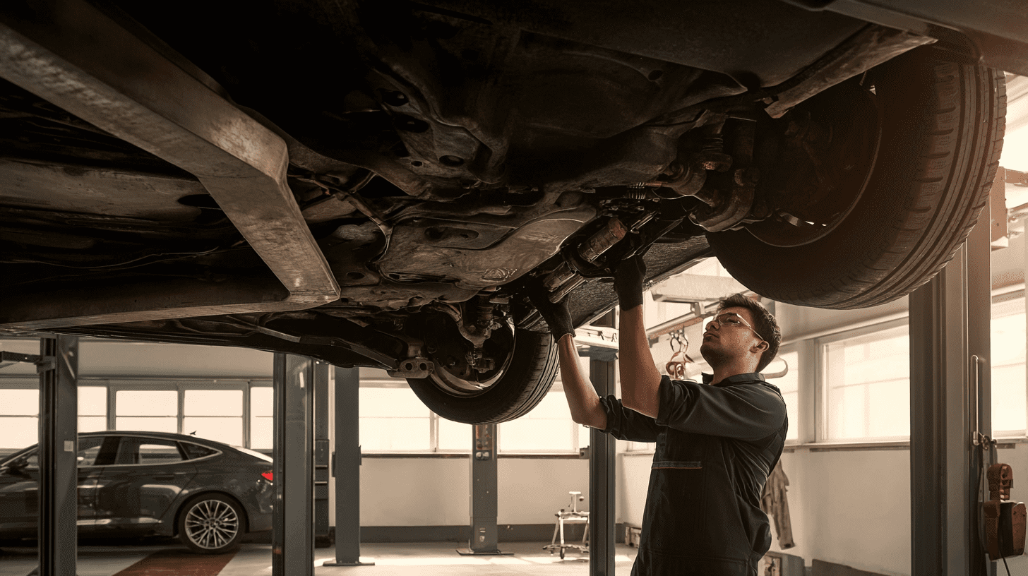 Mechanik w warsztacie sprawdzający podwozie samochodu przed użyciem zestawu do wymiany oleju w skrzyni automatycznej